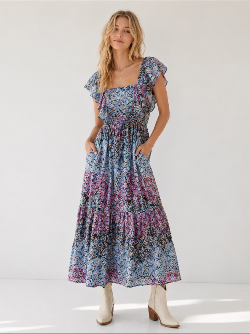 Anthropologie Blue Multi Clementina Eyelet Maxi Dress size Small 8281